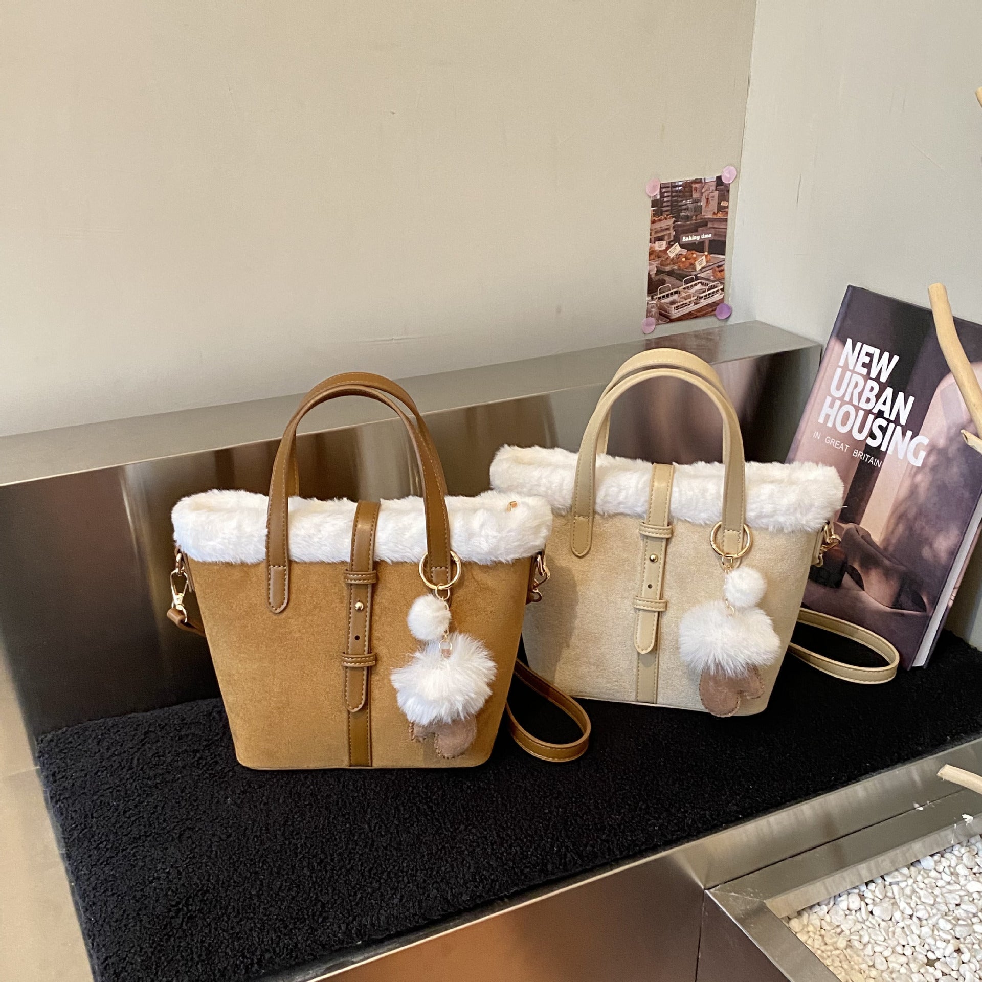Large-Capacity Plush Splicing Shoulder Bag Retro Suede Handbag