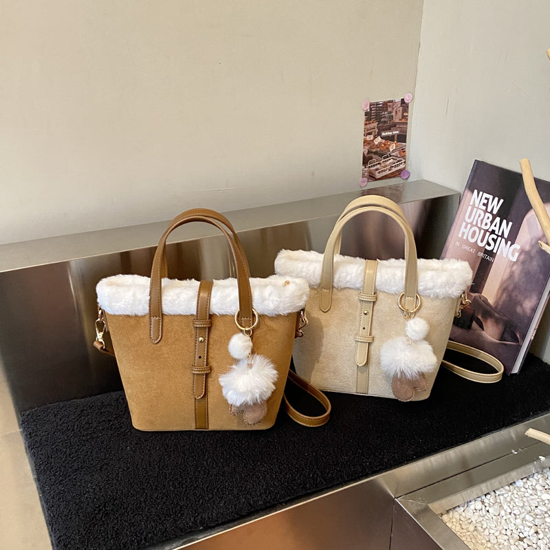 Large-Capacity Plush Splicing Shoulder Bag Retro Suede Handbag