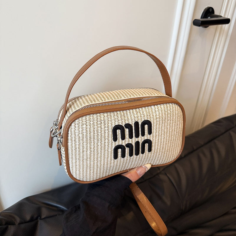 Miu Small Square Straw Woven Shoulder Bag