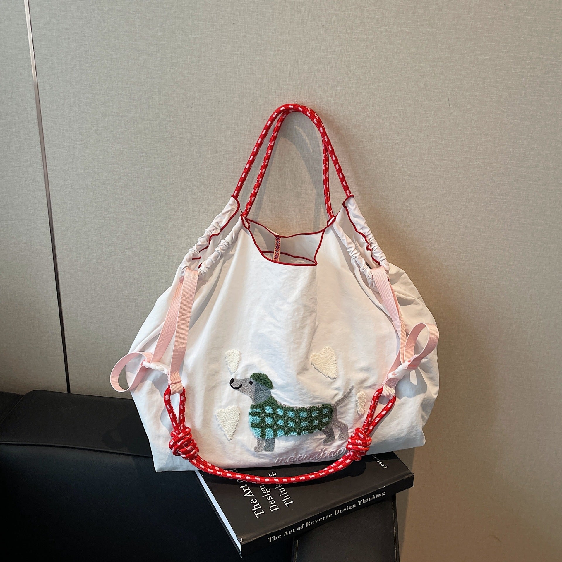 Nylon Dog Embroidery Handbag Folding Shoulder Cartoon Large Capacity Messenger Bag