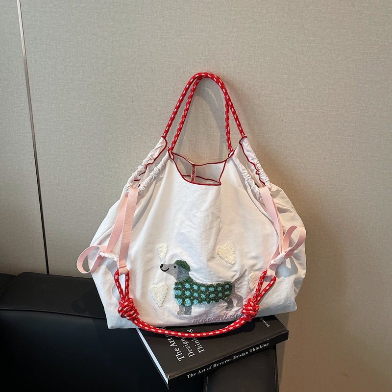 Nylon Dog Embroidery Handbag Folding Shoulder Cartoon Large Capacity Messenger Bag