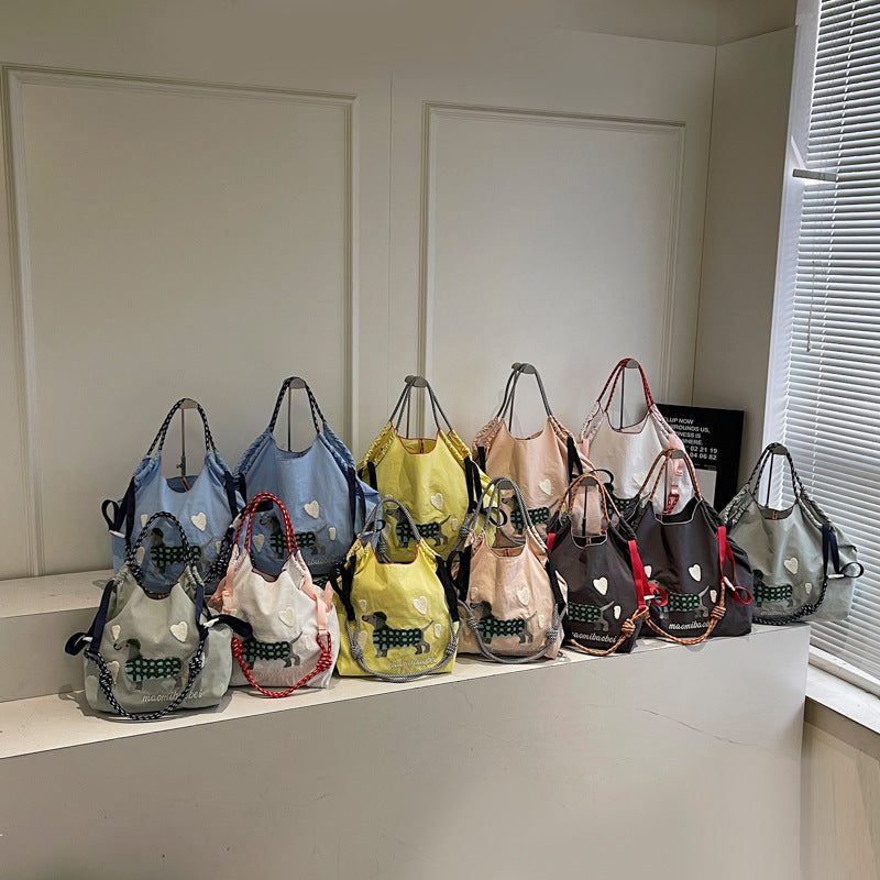 Nylon Dog Embroidery Handbag Folding Shoulder Cartoon Large Capacity Messenger Bag