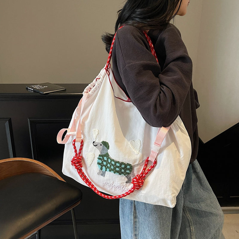Nylon Dog Embroidery Handbag Folding Shoulder Cartoon Large Capacity Messenger Bag