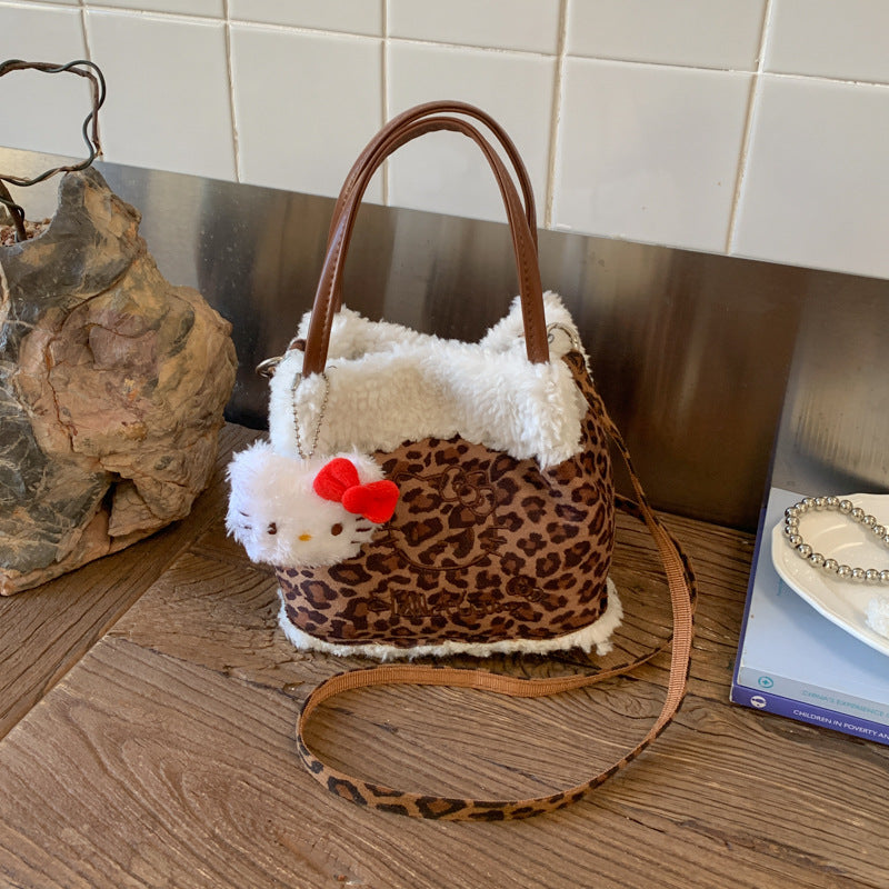 Suede Leopard Print Cat Messenger Bag Mini Shoulder Bag