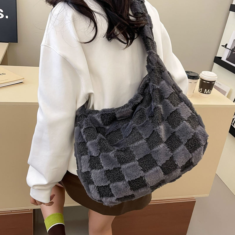 Large Capacity Plaid Shoulder Bag Trendy Commuter Bag