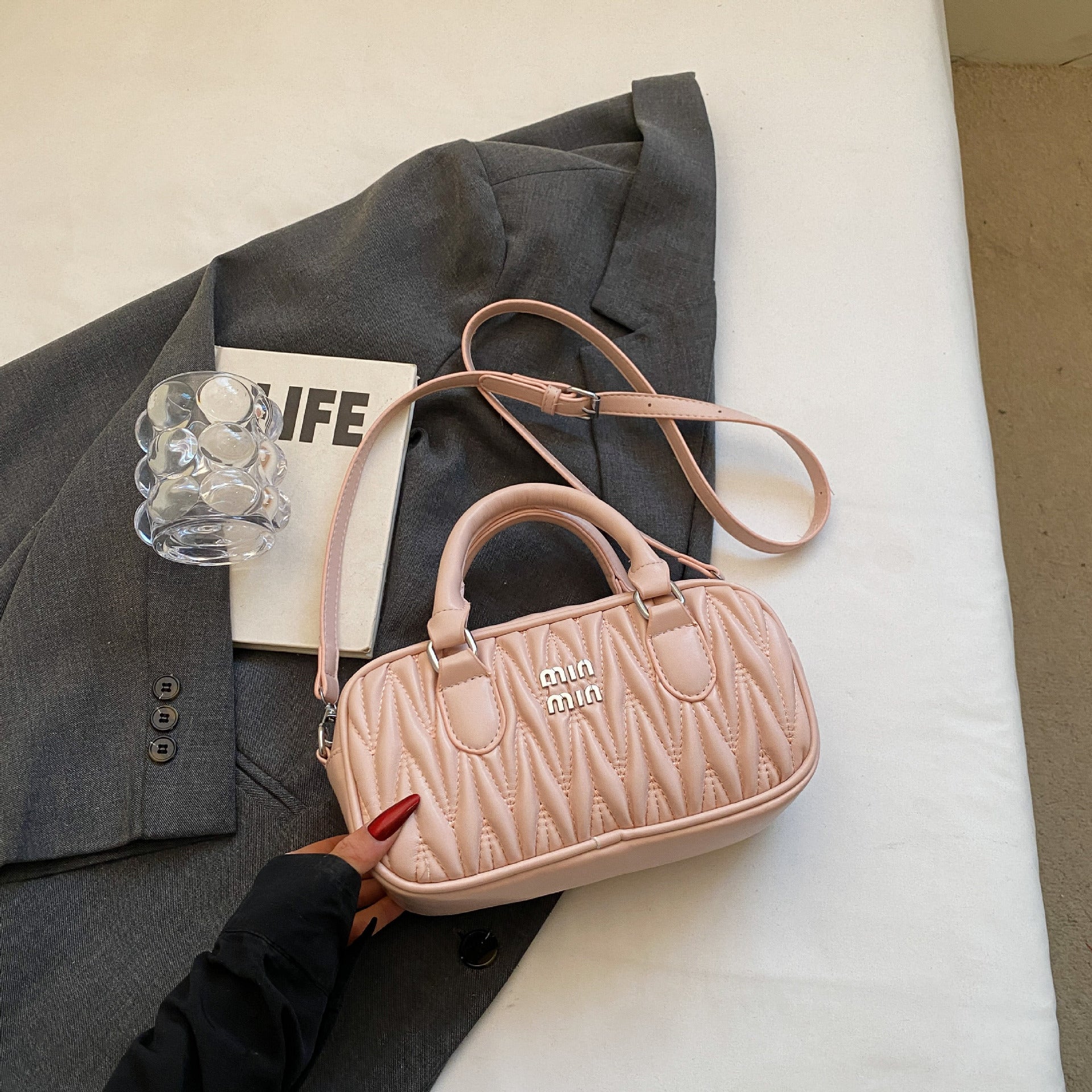 Mi.U Small Square Pleated Embroidery Shoulder Bag for Women