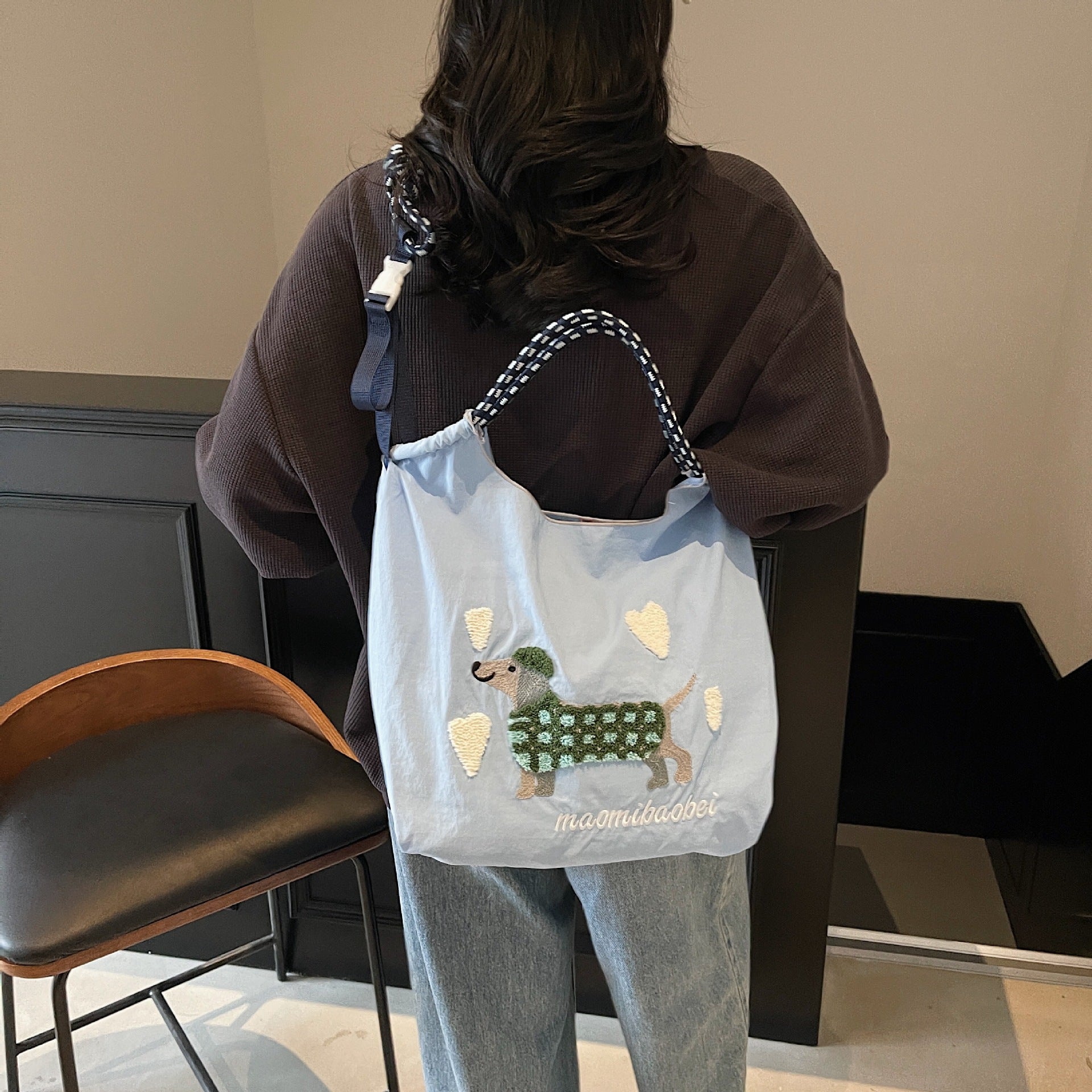 Nylon Dog Embroidery Handbag Folding Shoulder Cartoon Large Capacity Messenger Bag