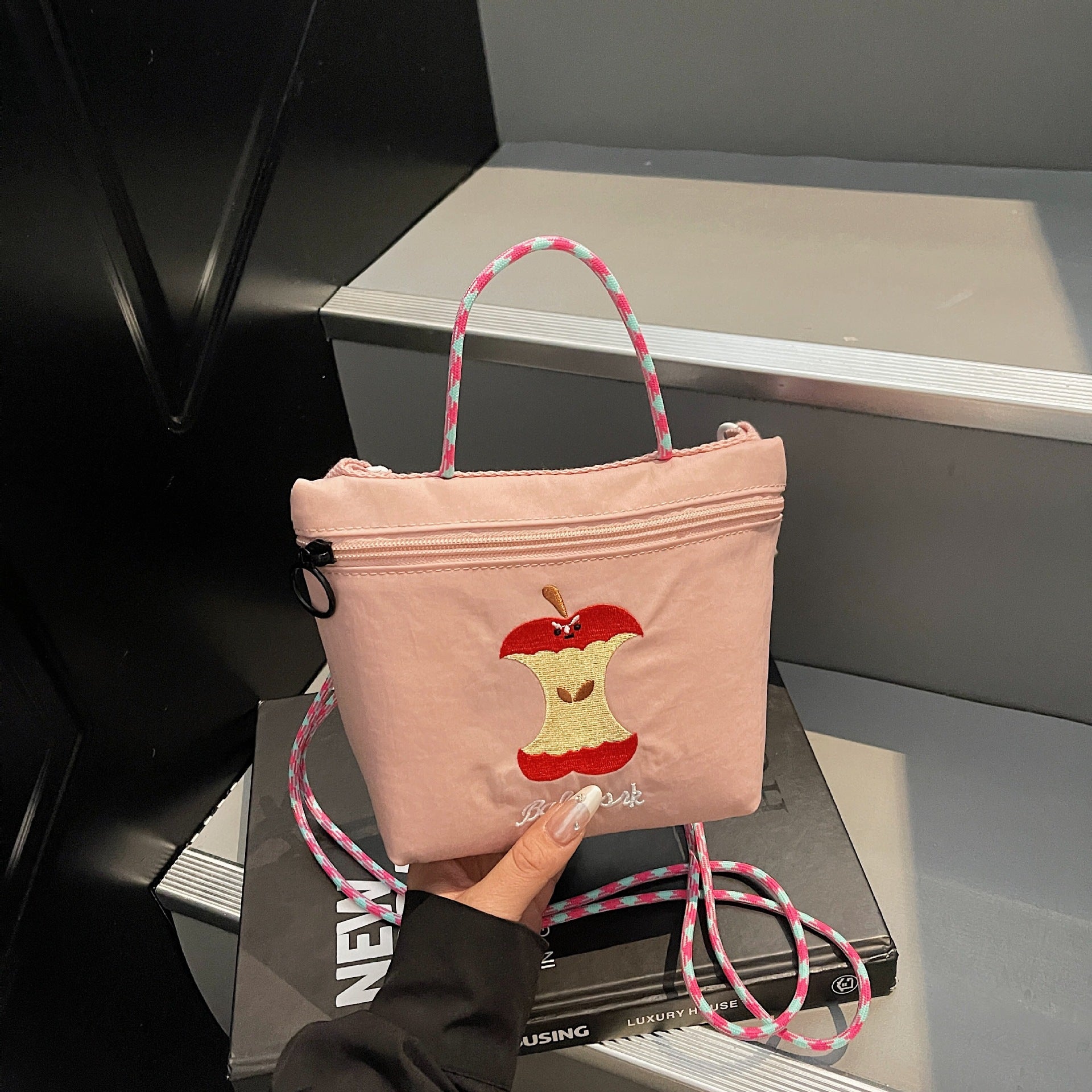 Apple Embroidered Nylon Messenger Bag for Women