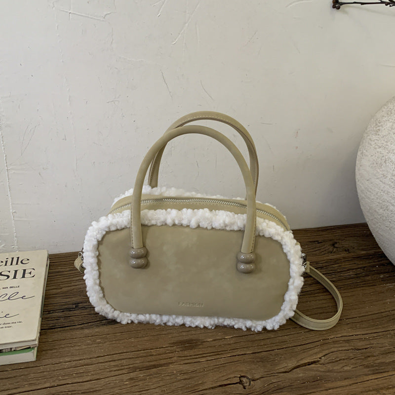 Niche Plush Splicing Handbag Retro Shoulder Bag Suede Messenger