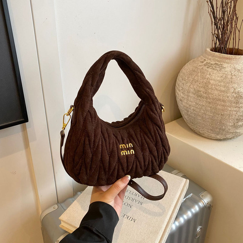 Light Luxury MIU Suede Handbag, High-End Crescent Bag, Niche Pleated One-Shoulder Crossbody Bag, Trendy Dumpling Bag