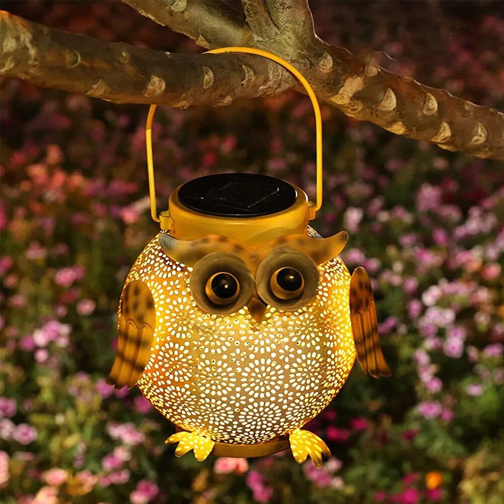 Lanterne solari a forma di gufo da appendere al giardino con metallo impermeabile