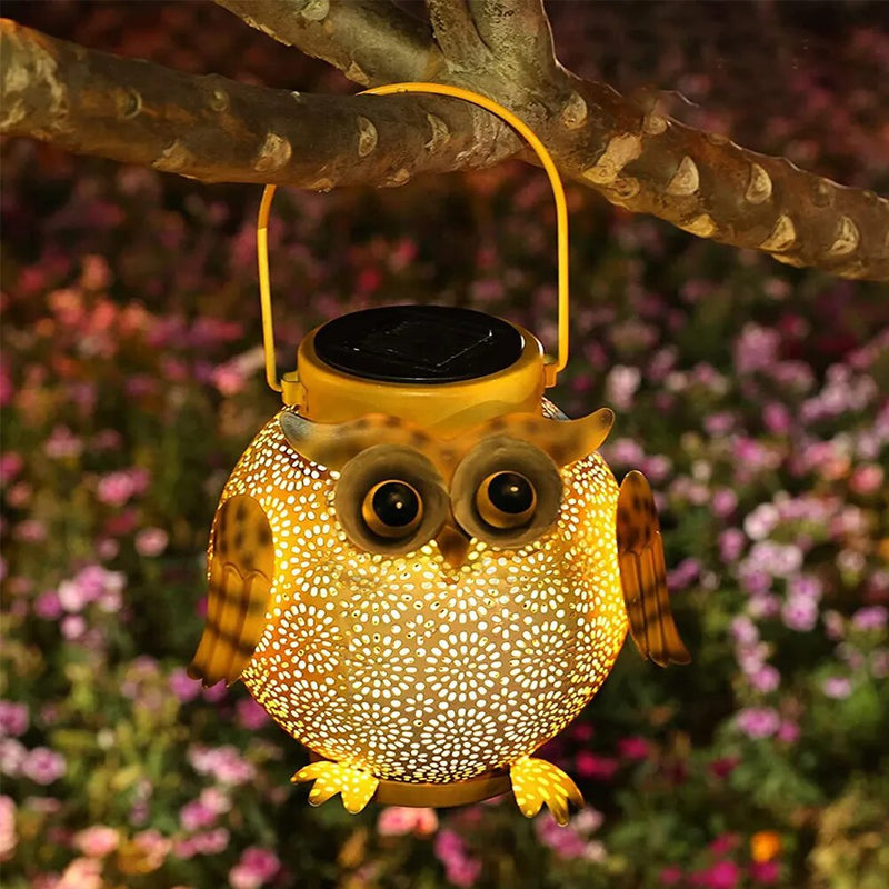 Lanterne solari a forma di gufo da appendere al giardino con metallo impermeabile