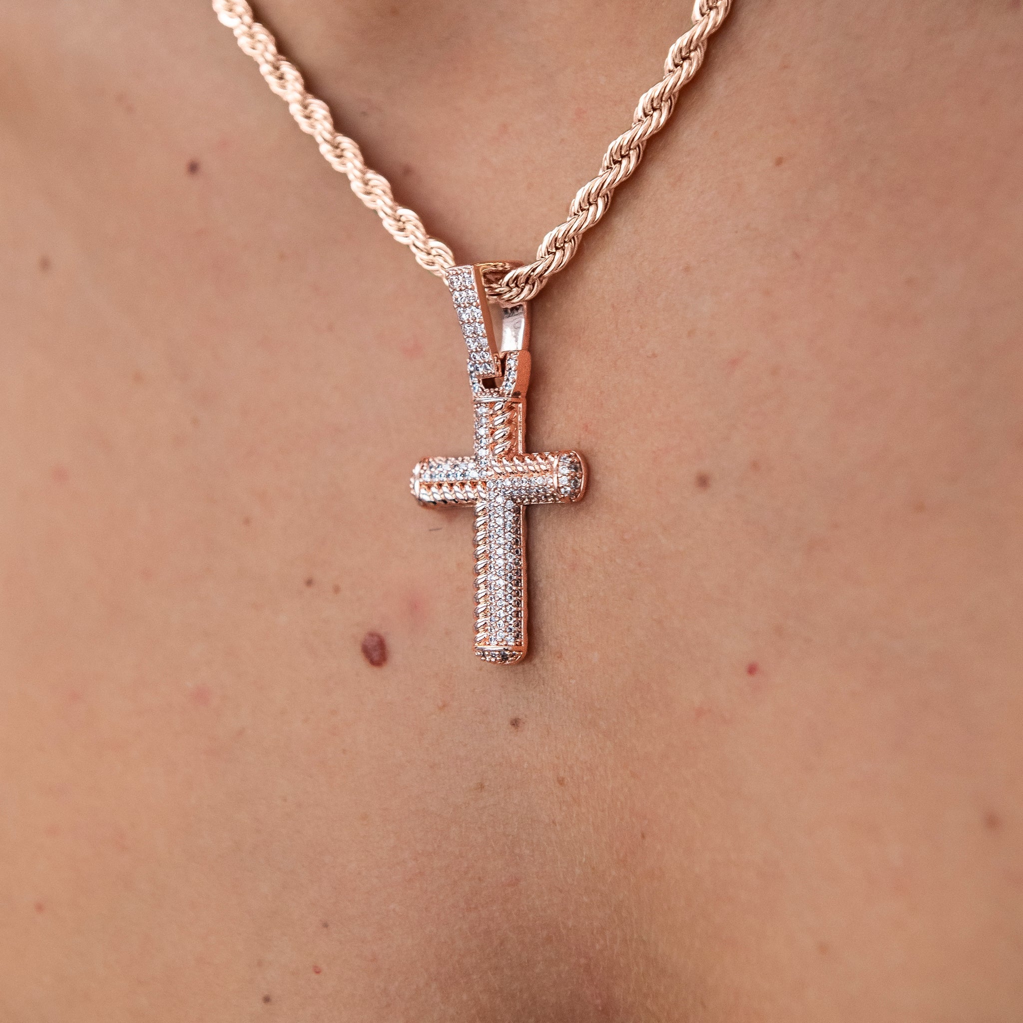 Iced Rope Mix Cross Pendant in Rose Gold