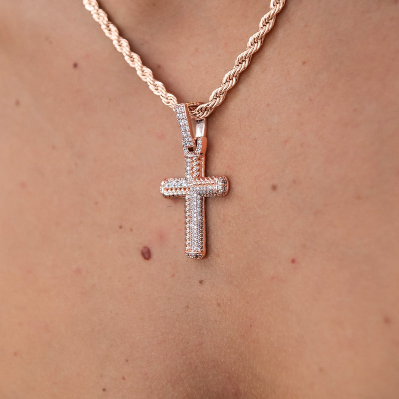 Iced Rope Mix Cross Pendant in Rose Gold