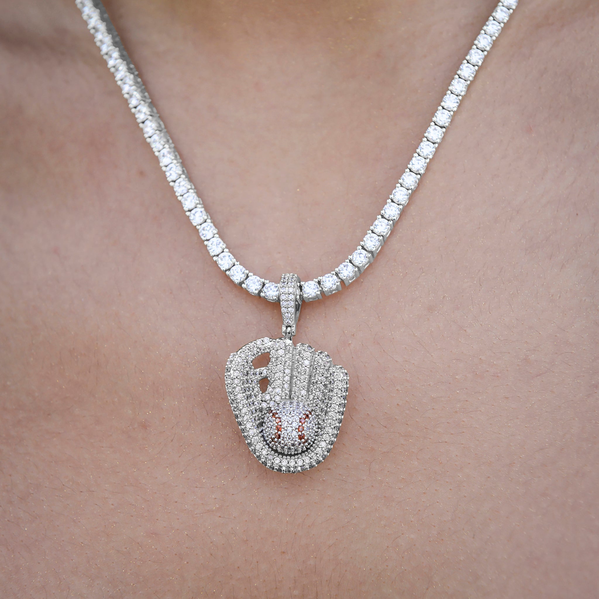 Iced Baseball Pendant in White Gold