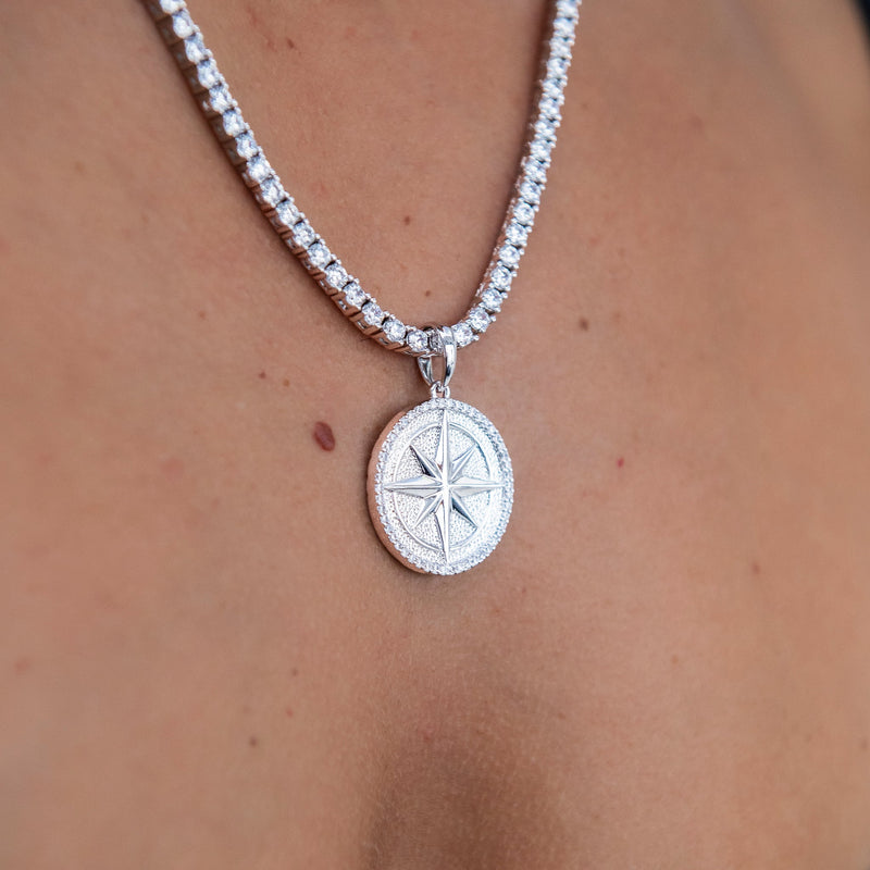 Compass Coin Pendant in White Gold