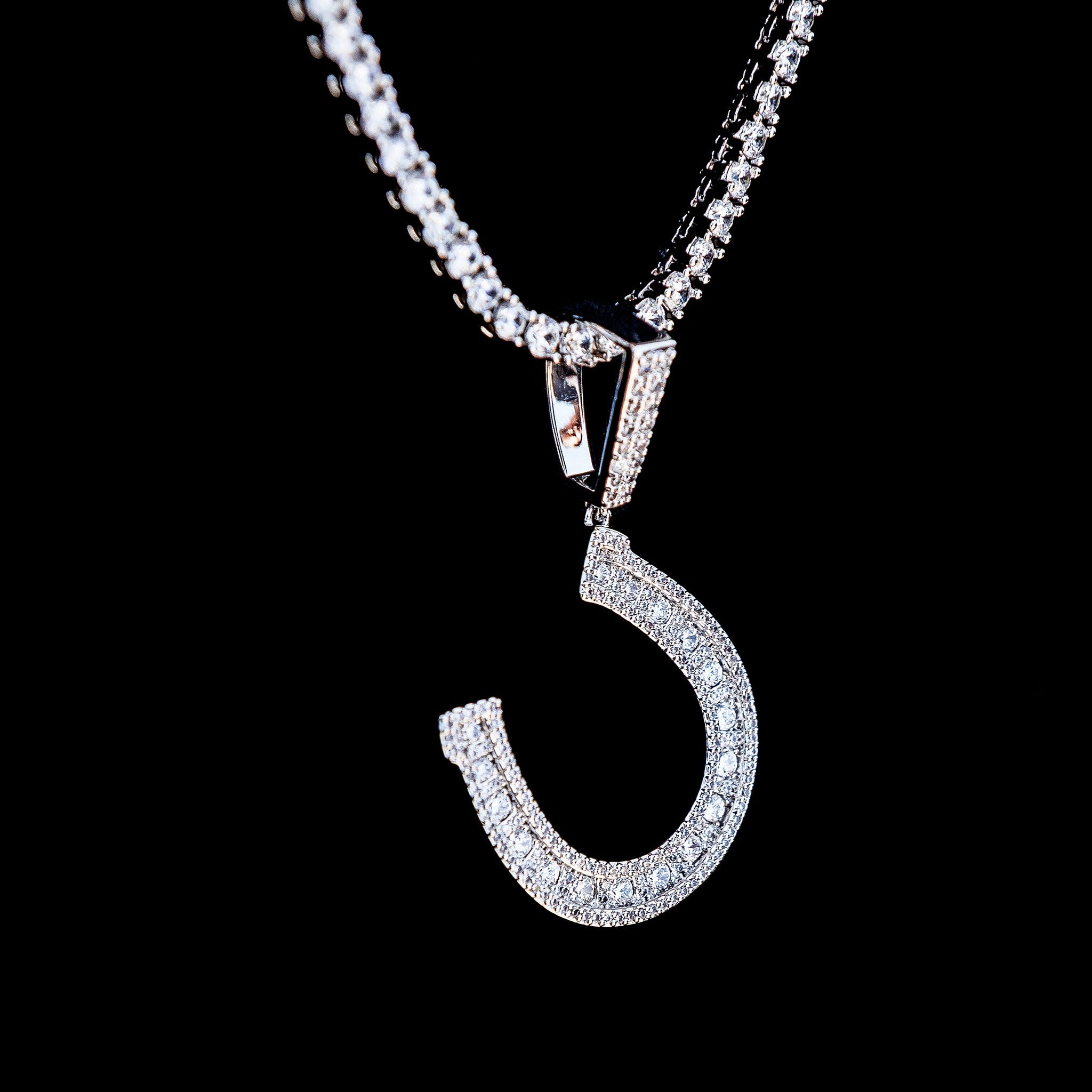 Iced Horseshoe Pendant in White Gold
