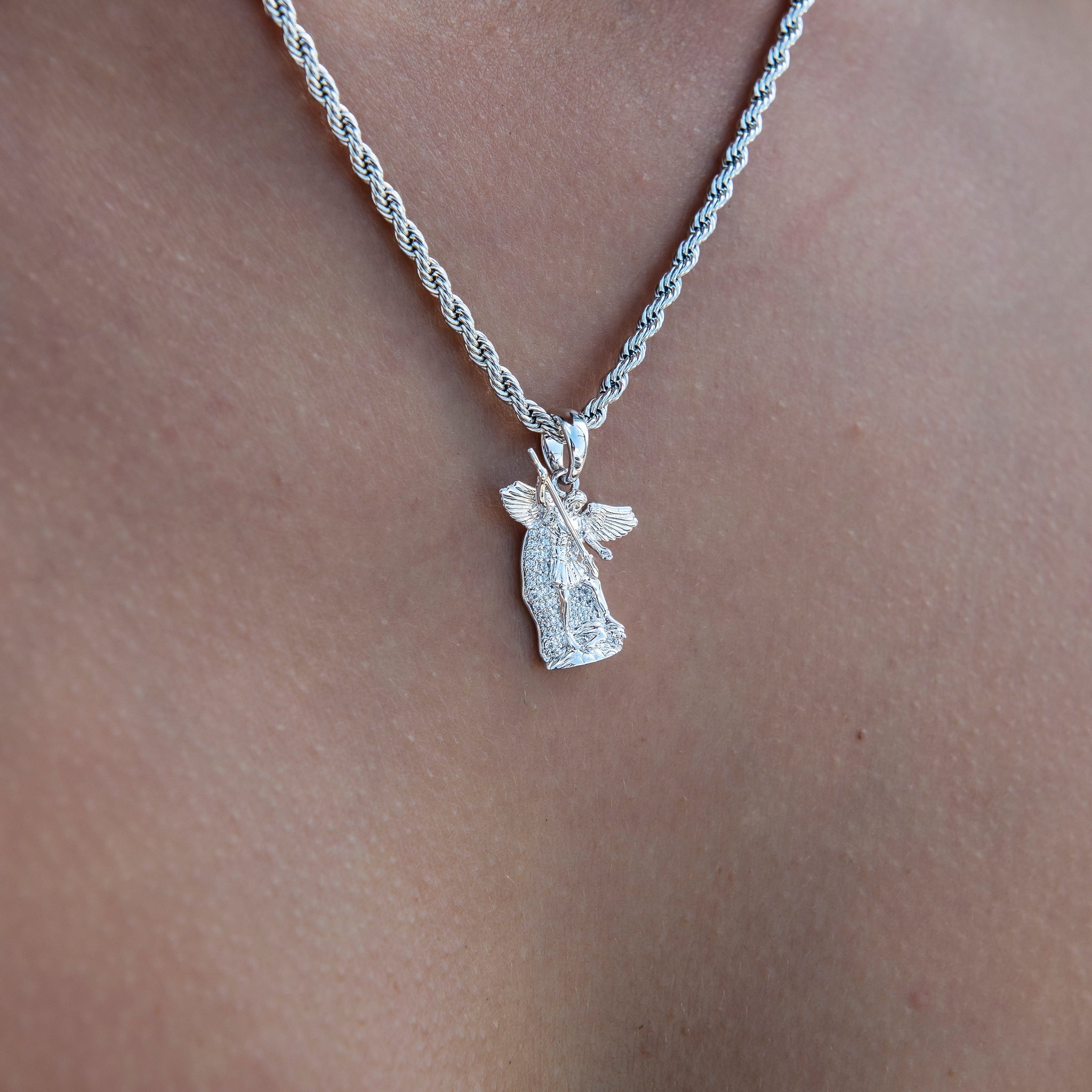 Micro Saint Michael Pendant in White Gold