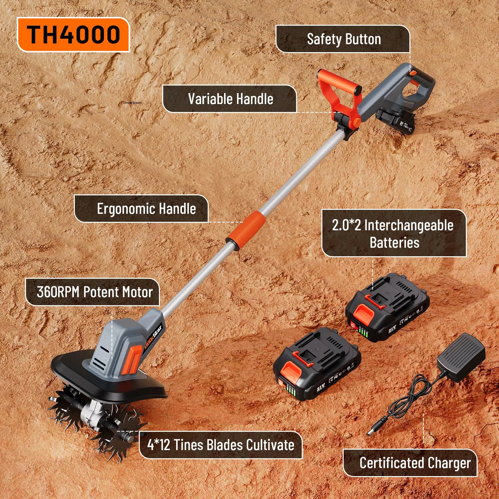 TaskStar Cordless Electric Tiller Garden Cultivator Lightweight Soil Digger Garden Weeding Rotavator Fit Makita 18V Battery Pin
