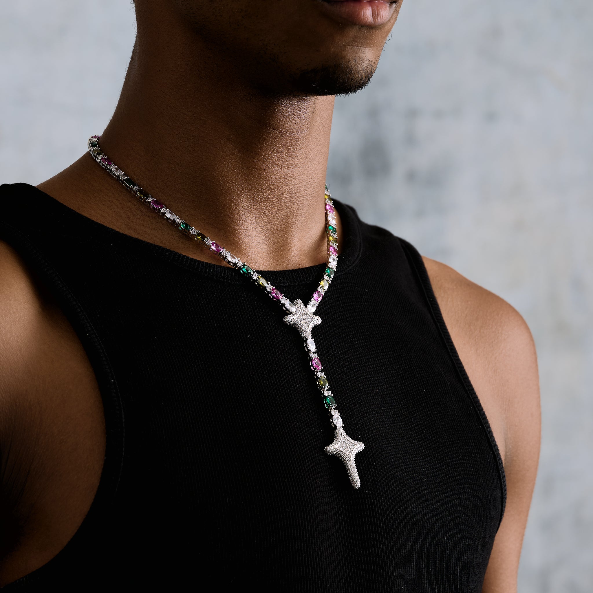 Tennis Link GLD Star Multi Color Lariat in White Gold