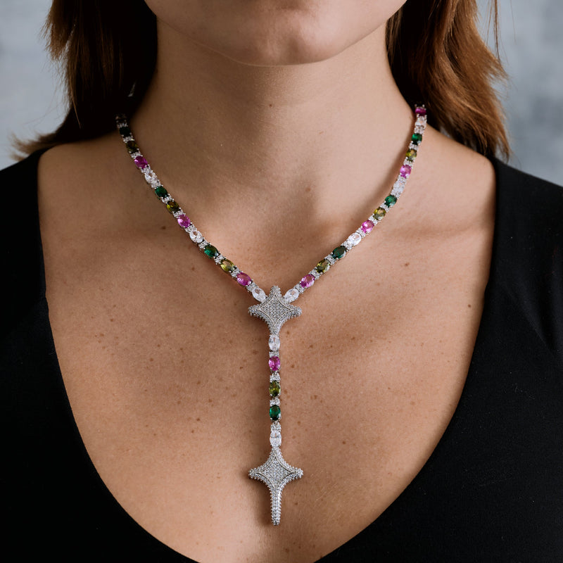 Tennis Link GLD Star Multi Color Lariat Necklace in White Gold