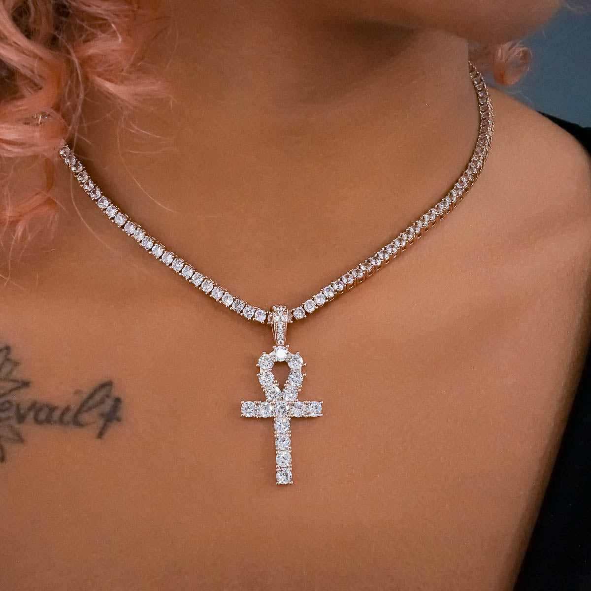 Iced Ankh Cross Pendant in Rose Gold