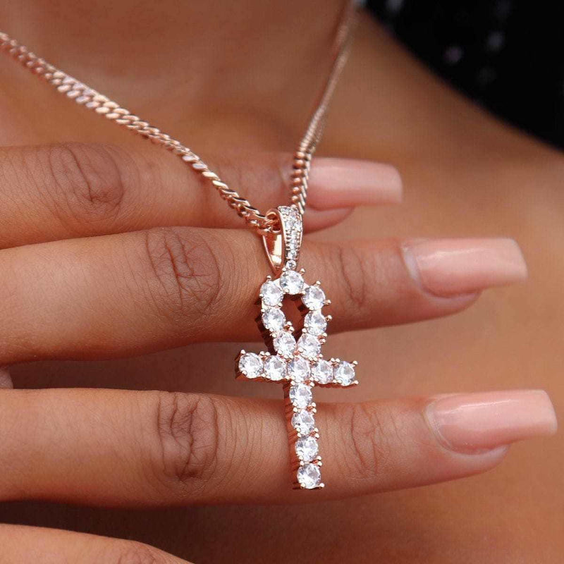 Iced Ankh Cross Pendant in Rose Gold