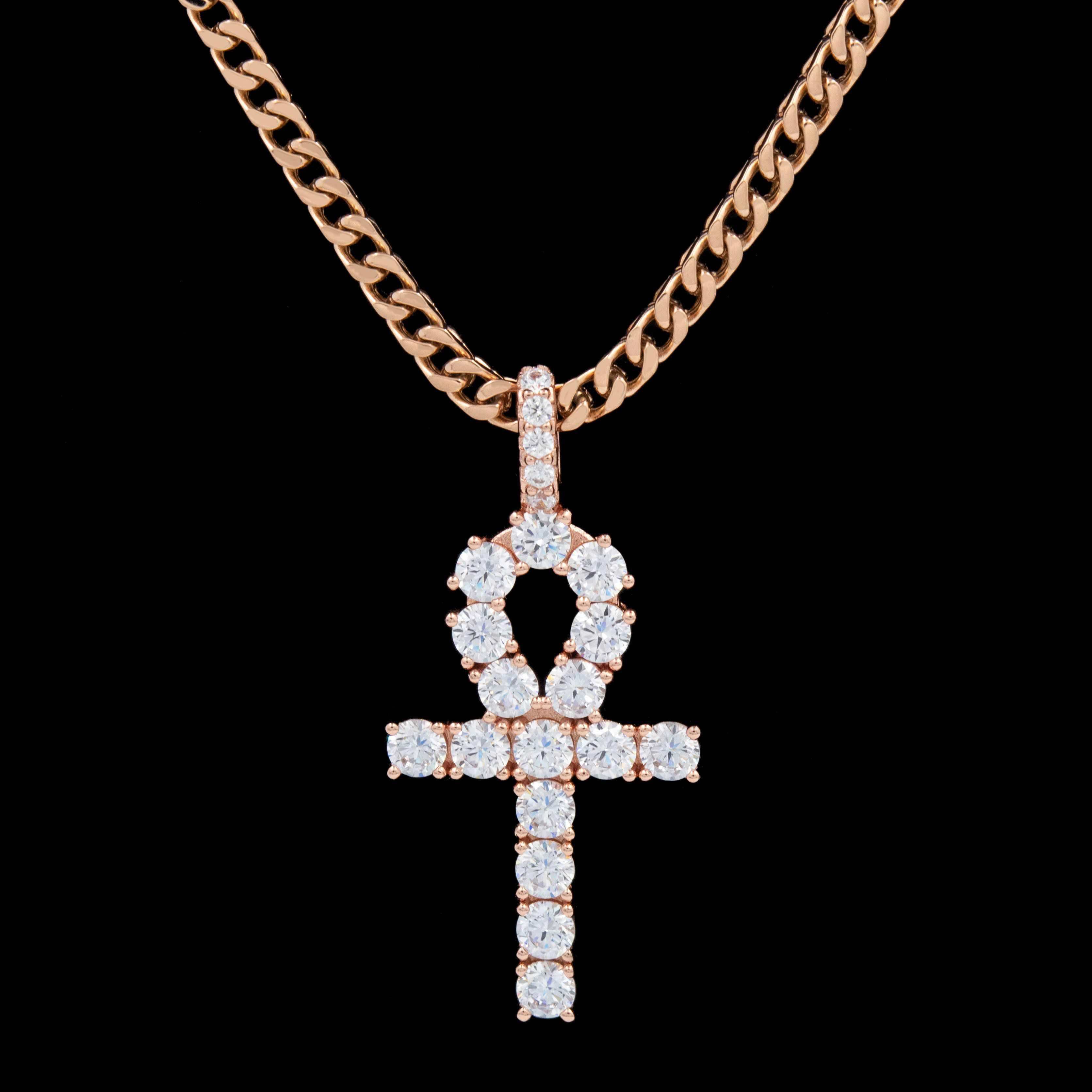 Iced Ankh Cross Pendant in Rose Gold