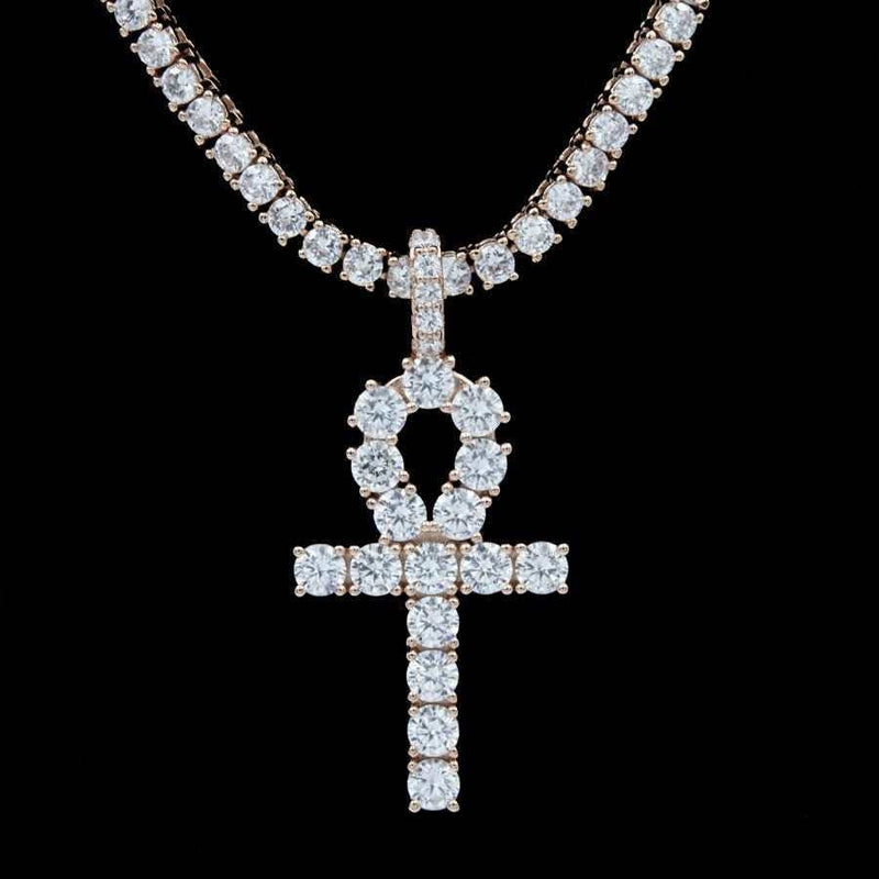 Iced Ankh Cross Pendant in Rose Gold