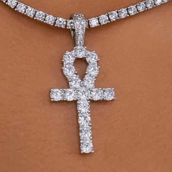 Iced Ankh Cross Pendant in White Gold