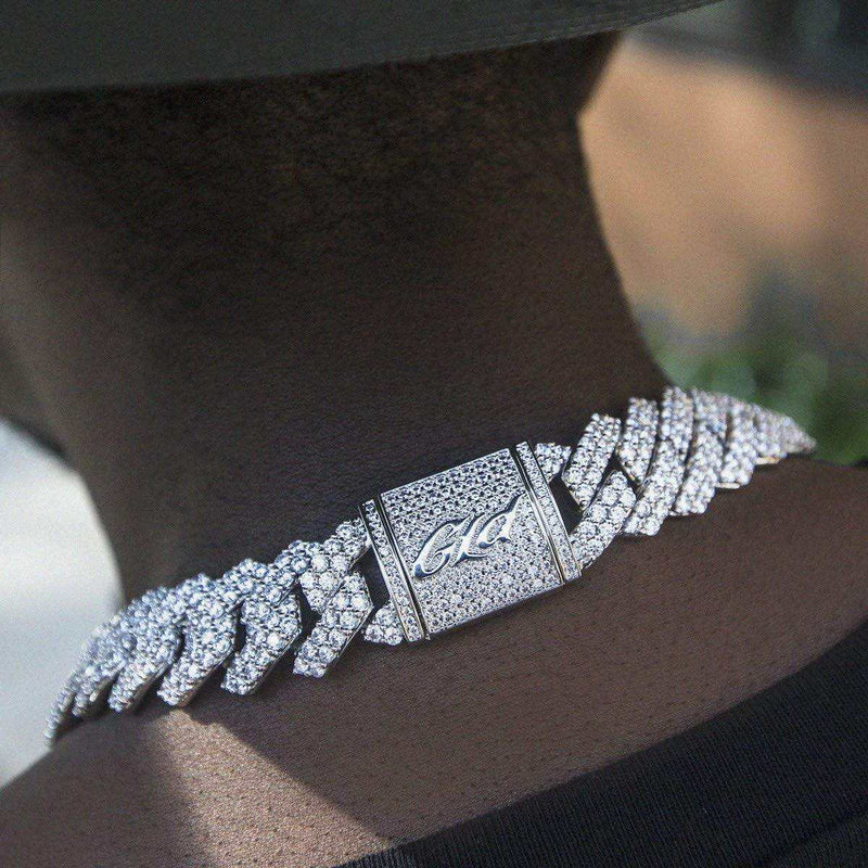 Diamond Prong Cuban Chain in White Gold - 19mm