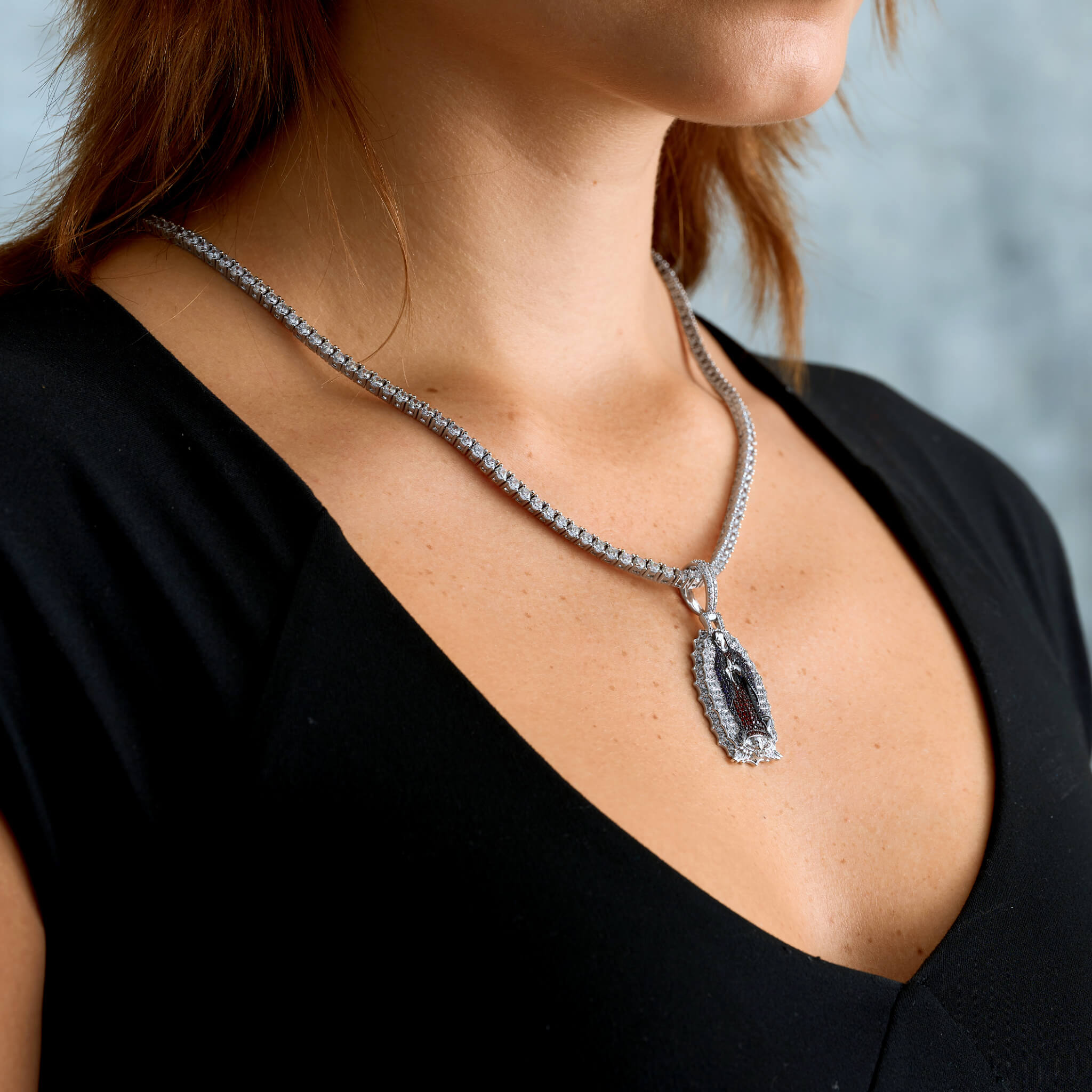 Iced Virgin Mary Pendant in White Gold