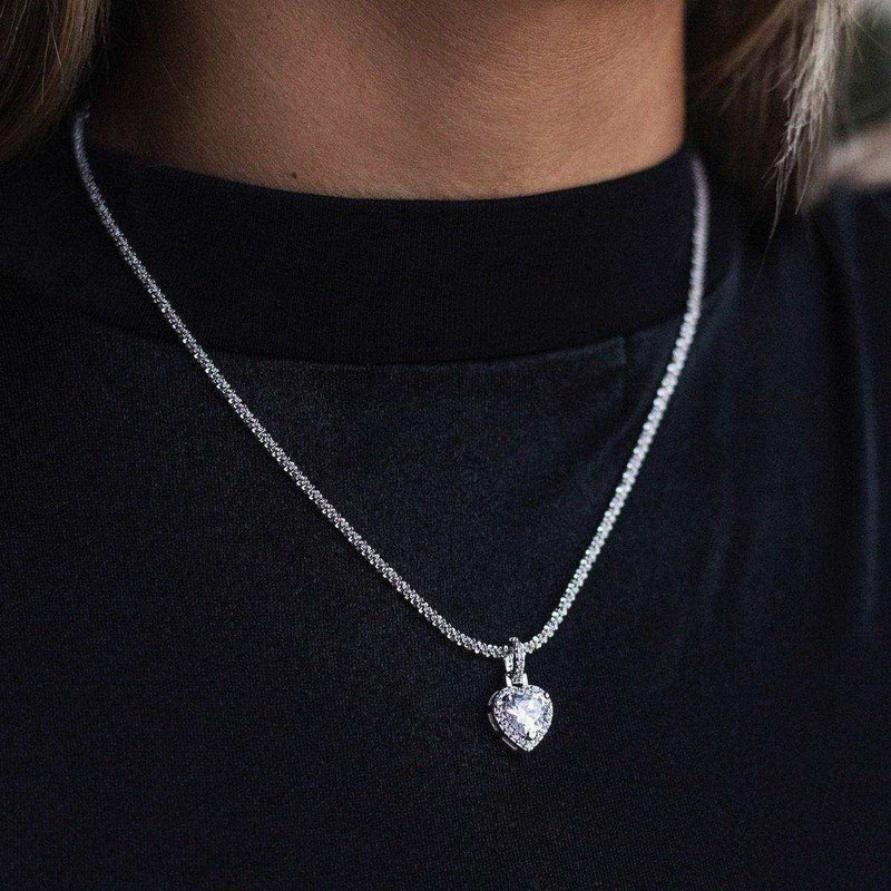 Micro Iced Diamond Heart Pendant in White Gold