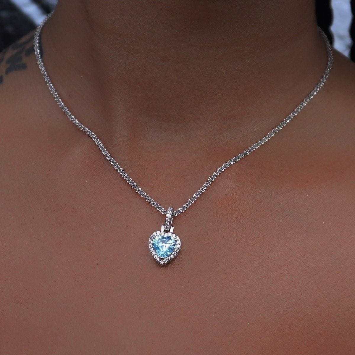Micro Iced Blue Heart Pendant in White Gold