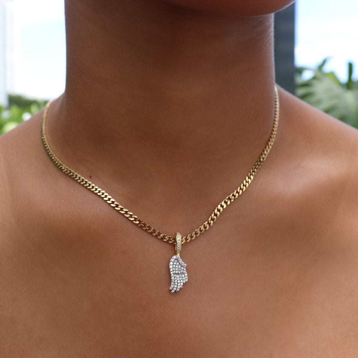 Micro Iced Angel Wing Pendant in Yellow Gold