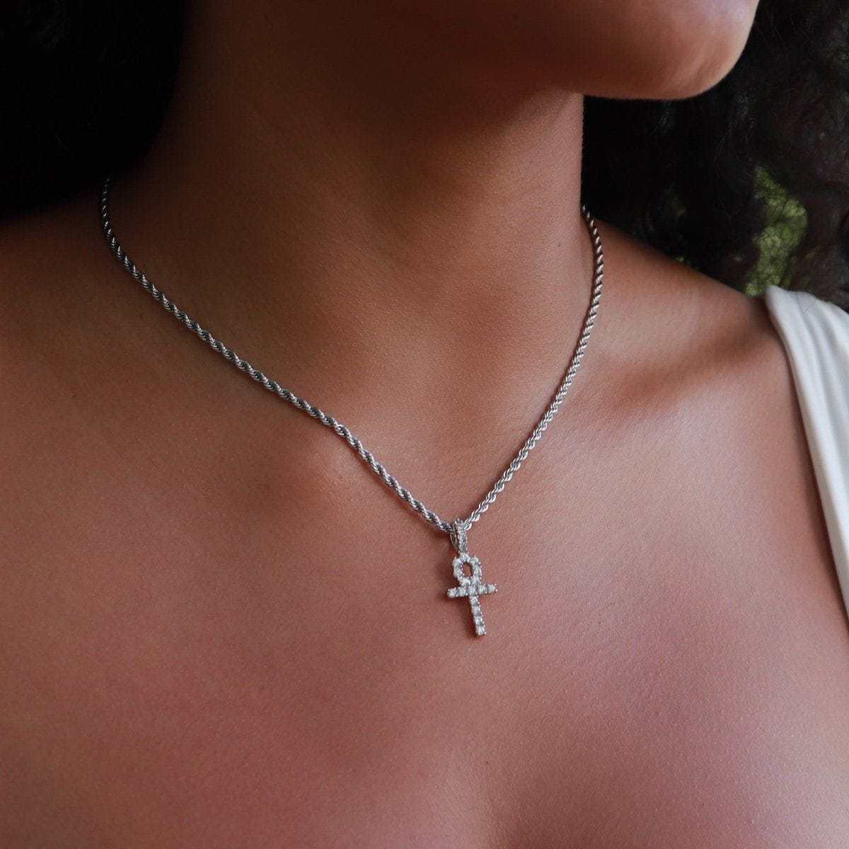 Micro Iced Ankh Cross Pendant in White Gold
