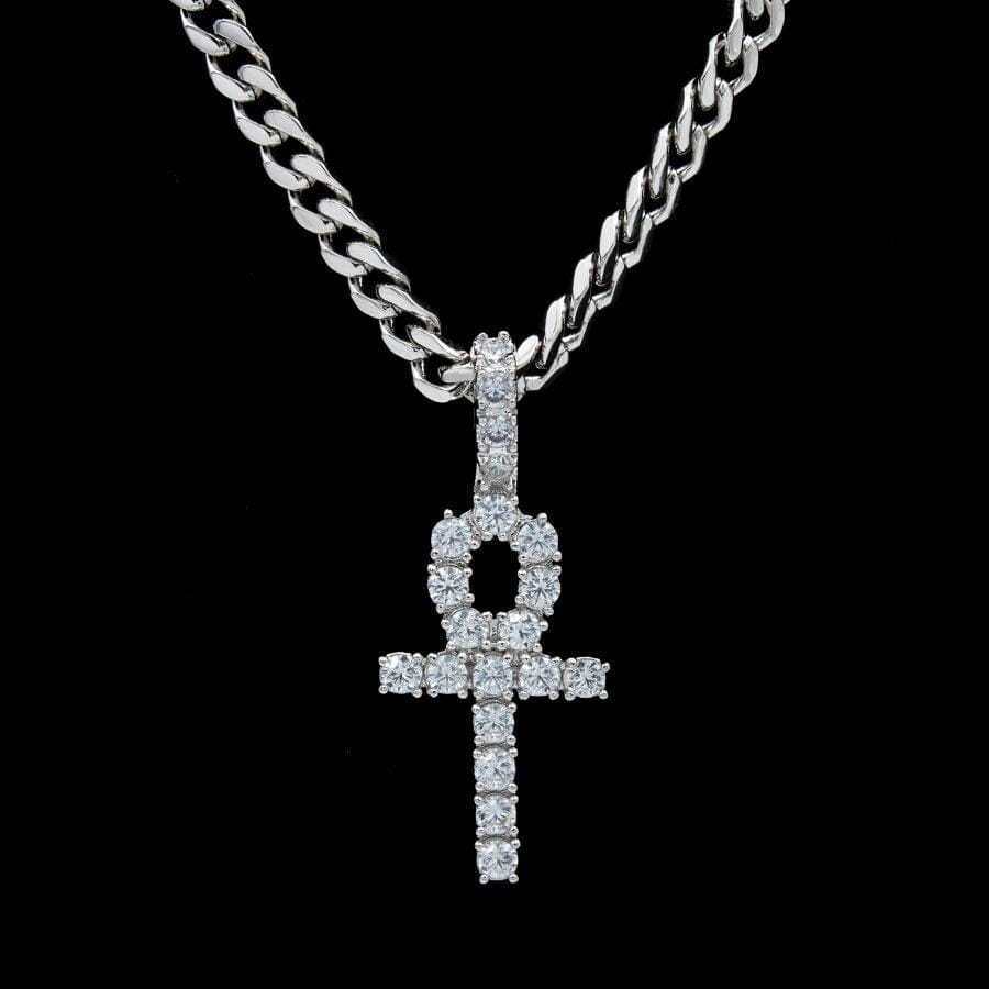 Micro Iced Ankh Cross Pendant in White Gold