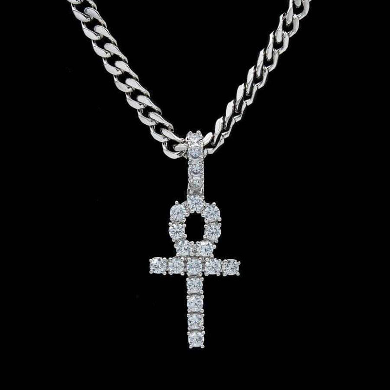 Micro Iced Ankh Cross Pendant in White Gold