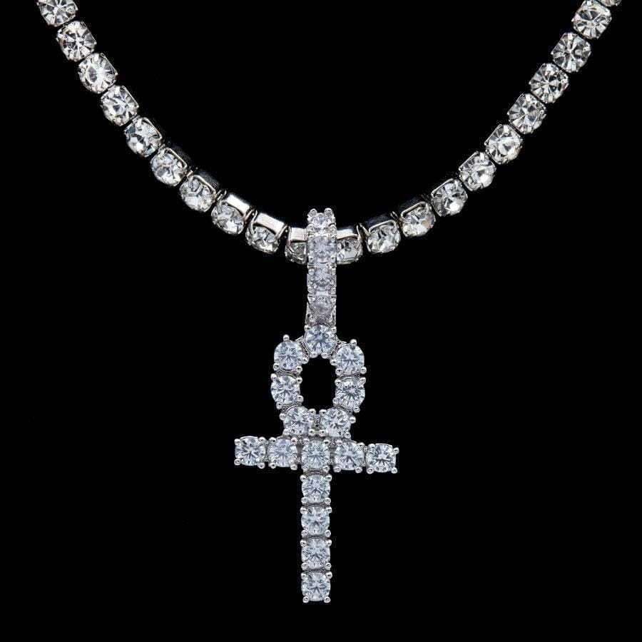 Micro Iced Ankh Cross Pendant in White Gold