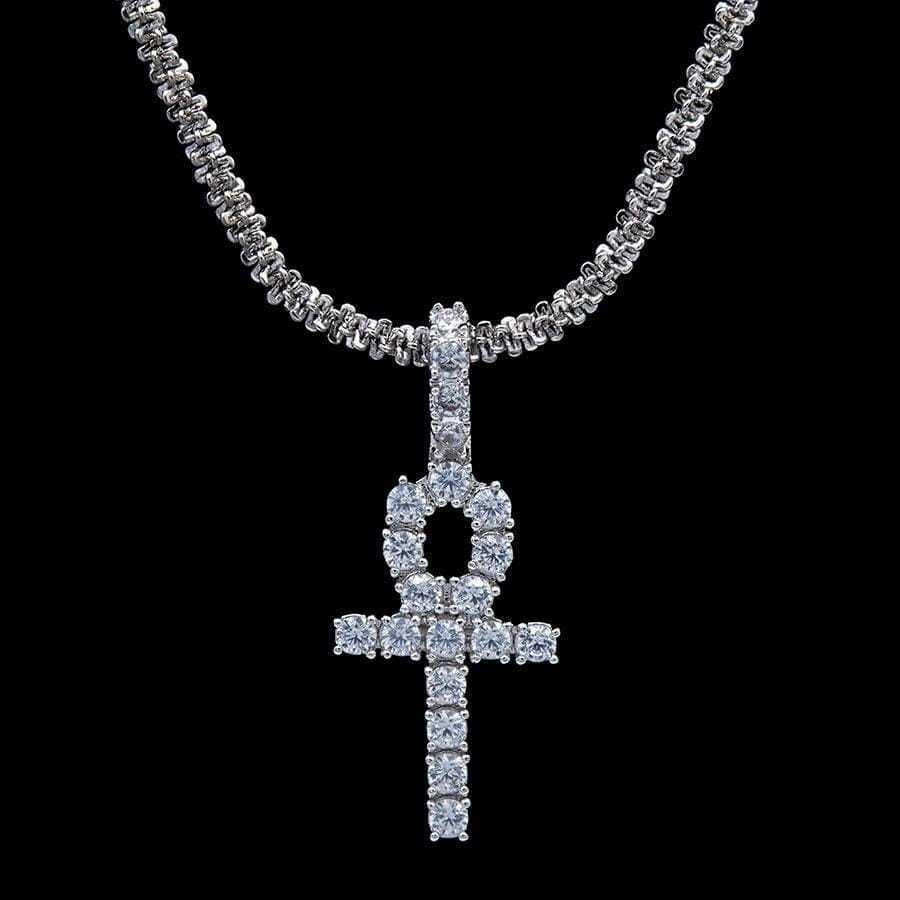 Micro Iced Ankh Cross Pendant in White Gold