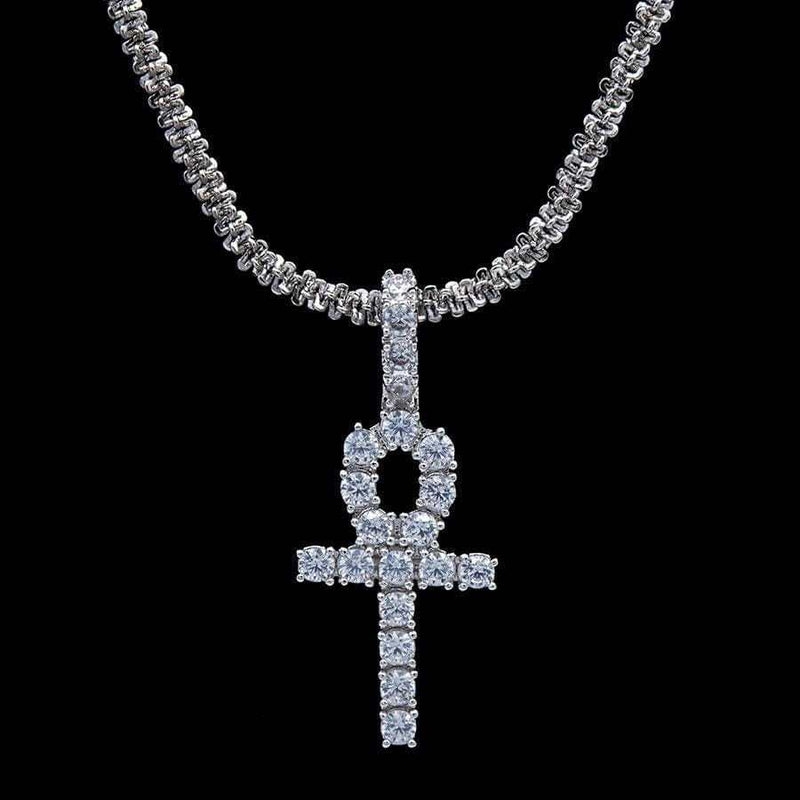 Micro Iced Ankh Cross Pendant in White Gold
