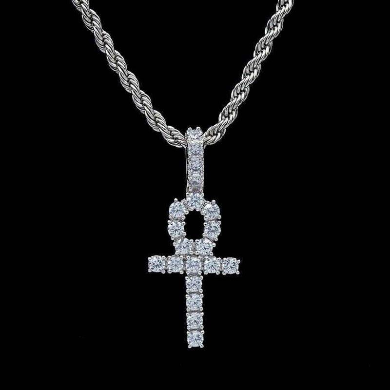 Micro Iced Ankh Cross Pendant in White Gold