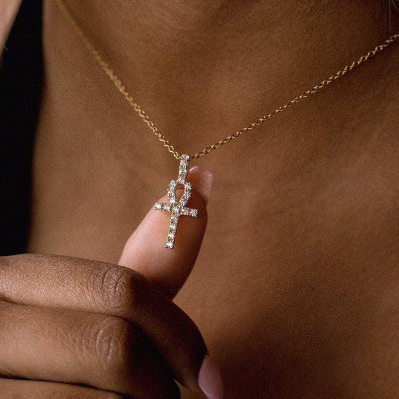 Micro Iced Ankh Cross Pendant in Yellow Gold