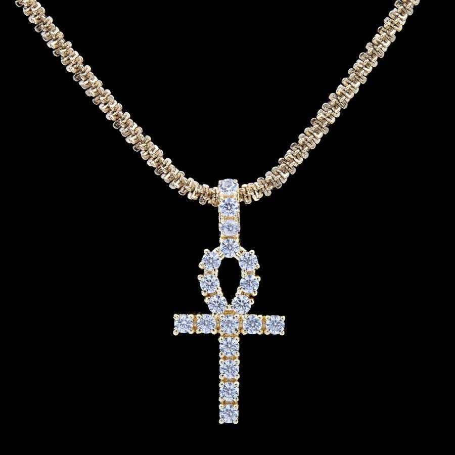 Micro Iced Ankh Cross Pendant in Yellow Gold