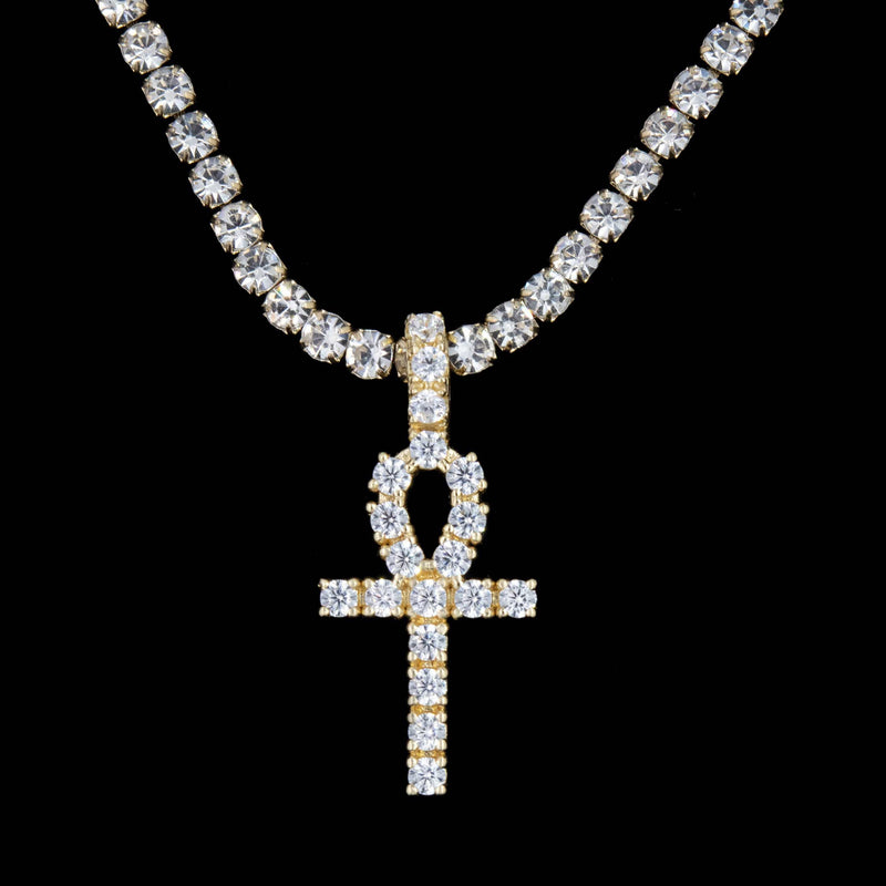 Micro Iced Ankh Cross Pendant in Yellow Gold