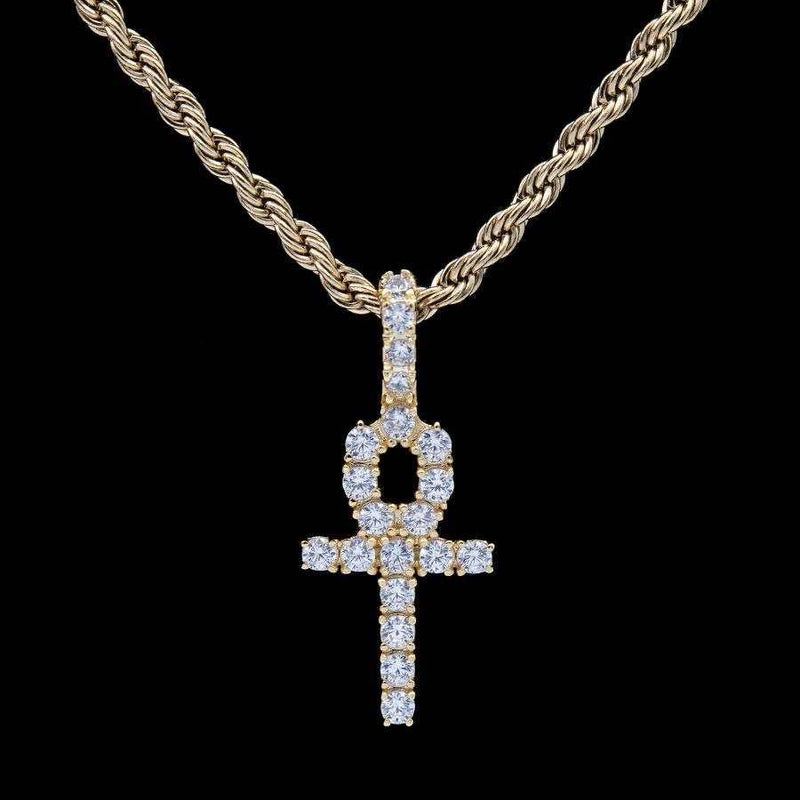 Micro Iced Ankh Cross Pendant in Yellow Gold