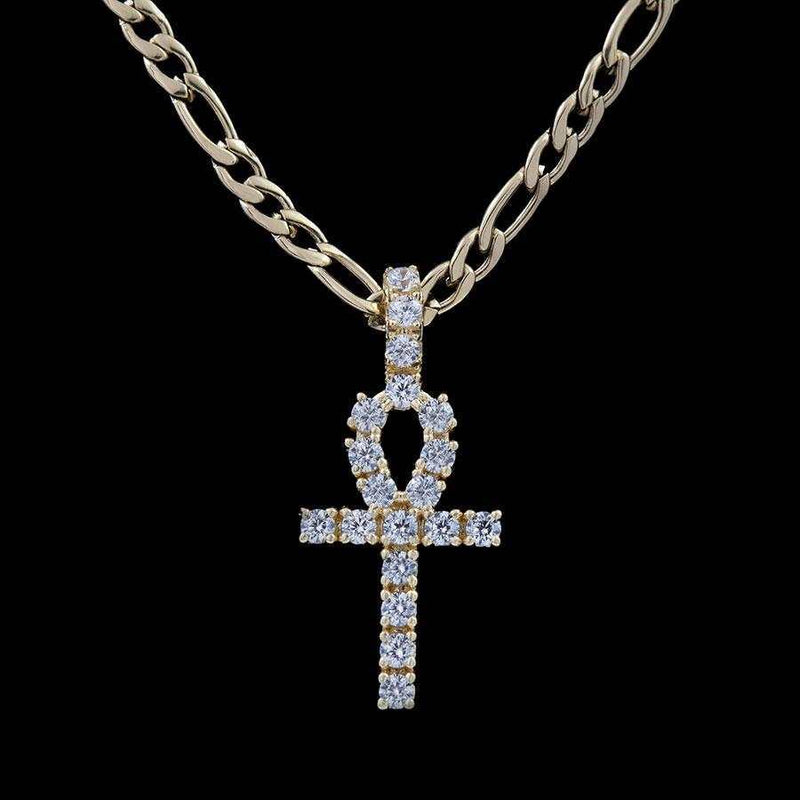 Micro Iced Ankh Cross Pendant in Yellow Gold