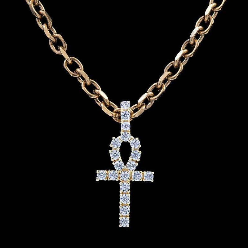 Micro Iced Ankh Cross Pendant in Yellow Gold