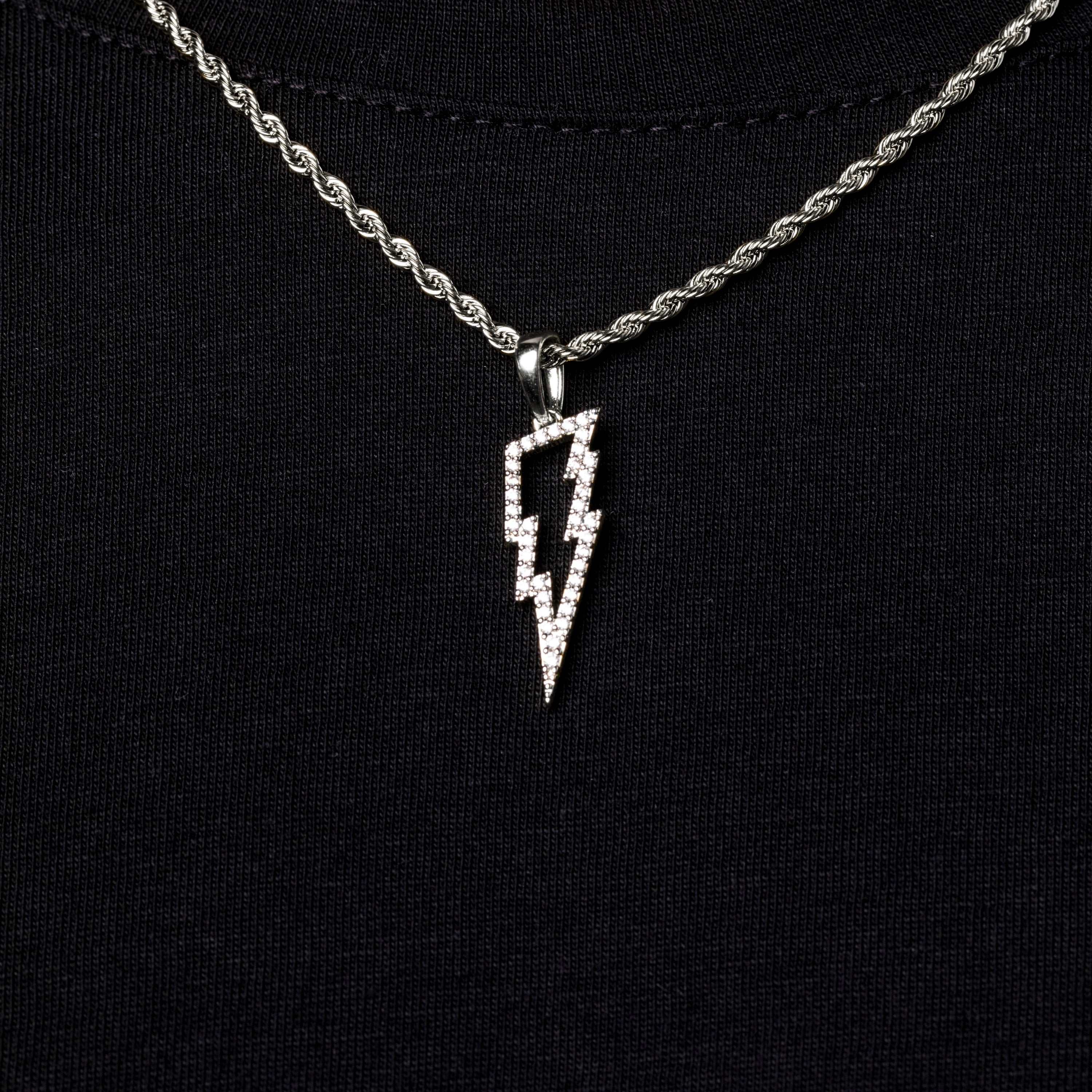 Micro Iced Lightning Bolt Pendant in White Gold - The GLD Shop