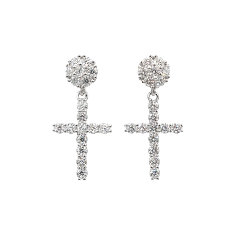 Women's Moissanite Diamond Studded Cross Earring in White Gold Vermeil